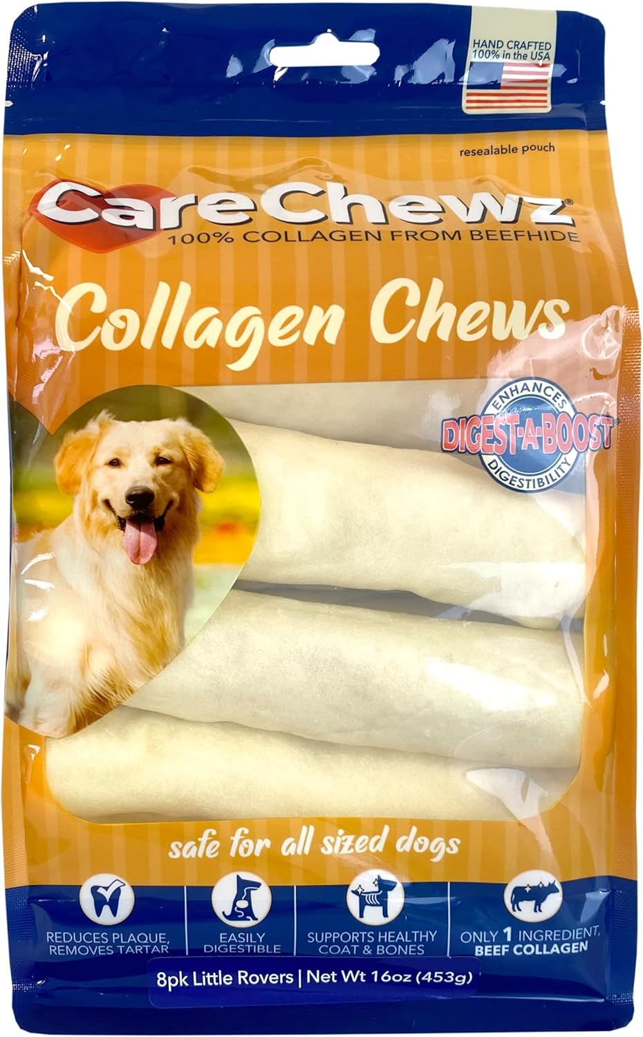 Pet Factory Carechewz Collagen 6" Little Rovers Dog Chew Treats - Natural Flavor, 8 Count/1 Pack