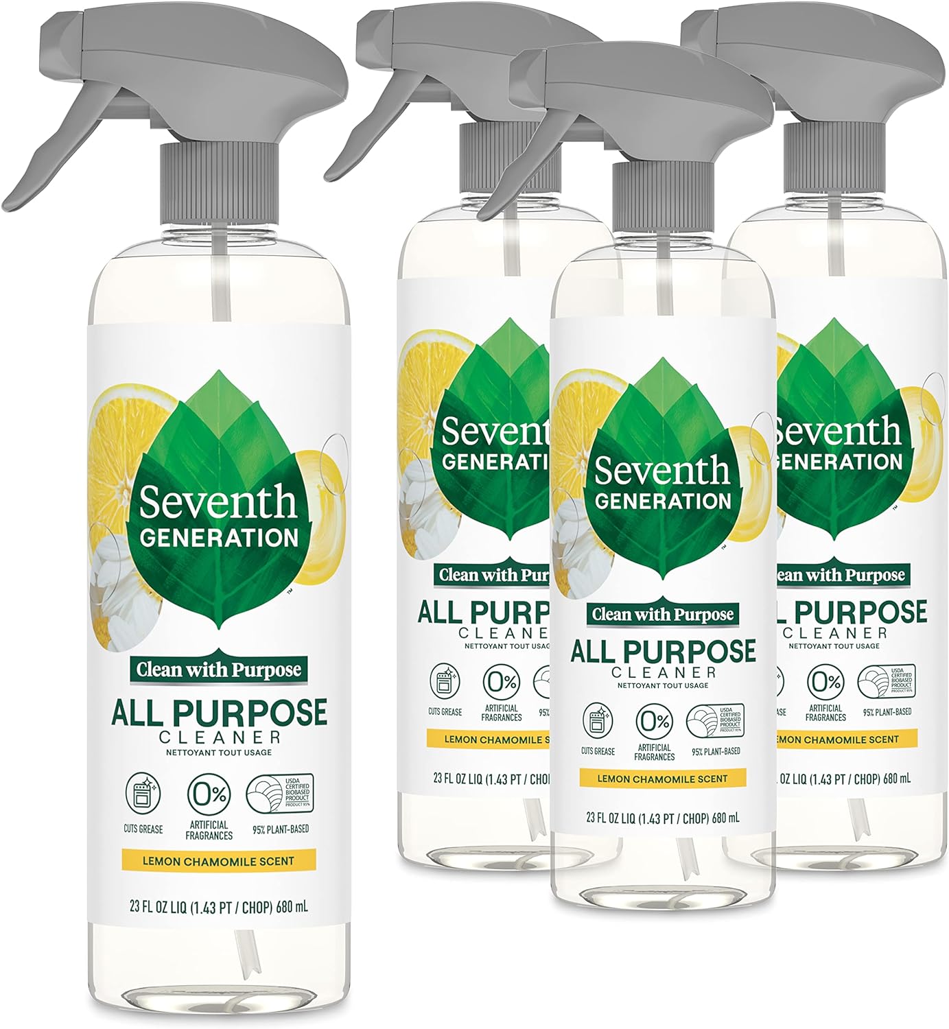 Seventh Generation All Purpose Cleaning Spray Surface Cleaner Lemon Chamomile Scent Cuts Grease 23 Oz, Pack Of 4