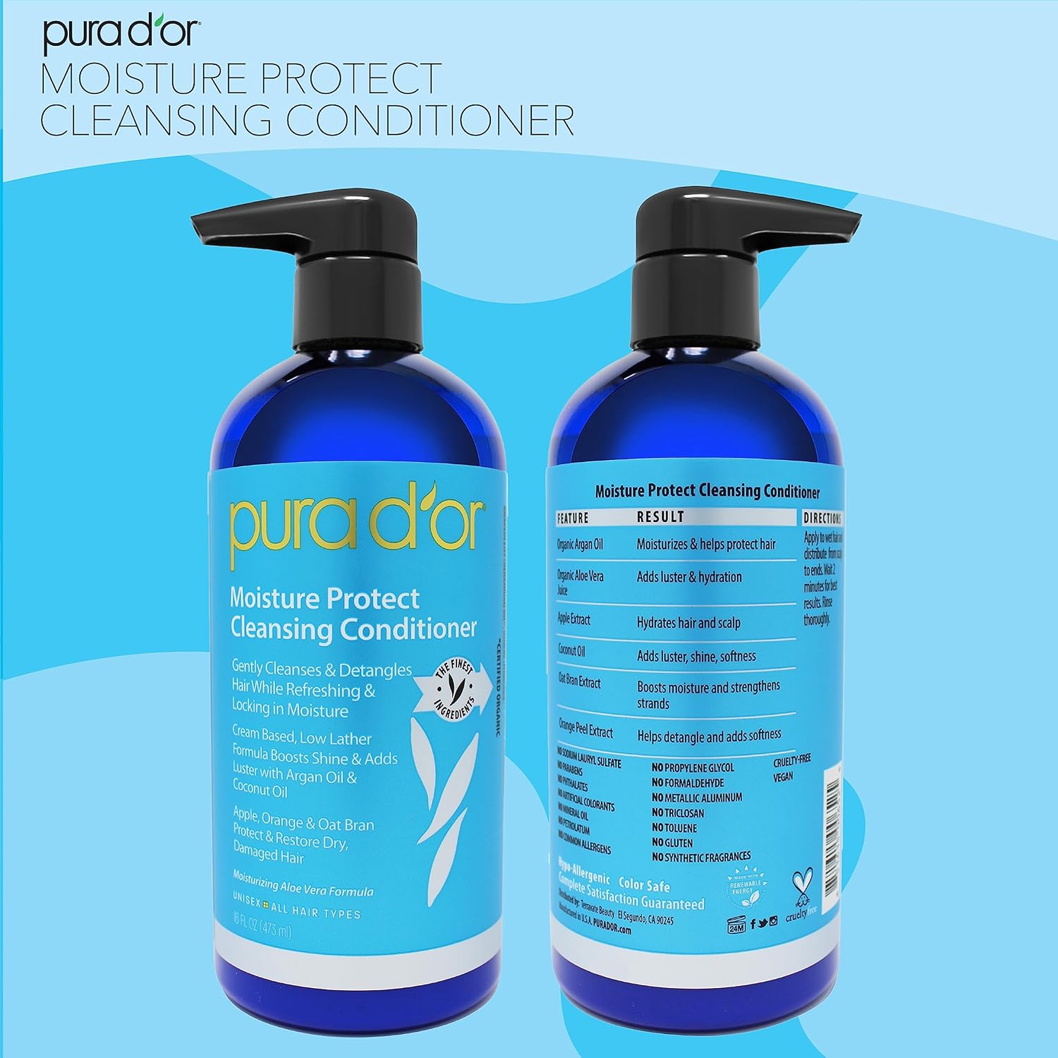 PURA D'OR 16 Oz Moisture Protect Cleansing Conditioner - Low Lather - Detangles & Restores Hair with Argan Oil, Lavender & Other Select Natural Ingredients, No Sulfates - All Hair Types - Men & Women : Beauty & Personal Care