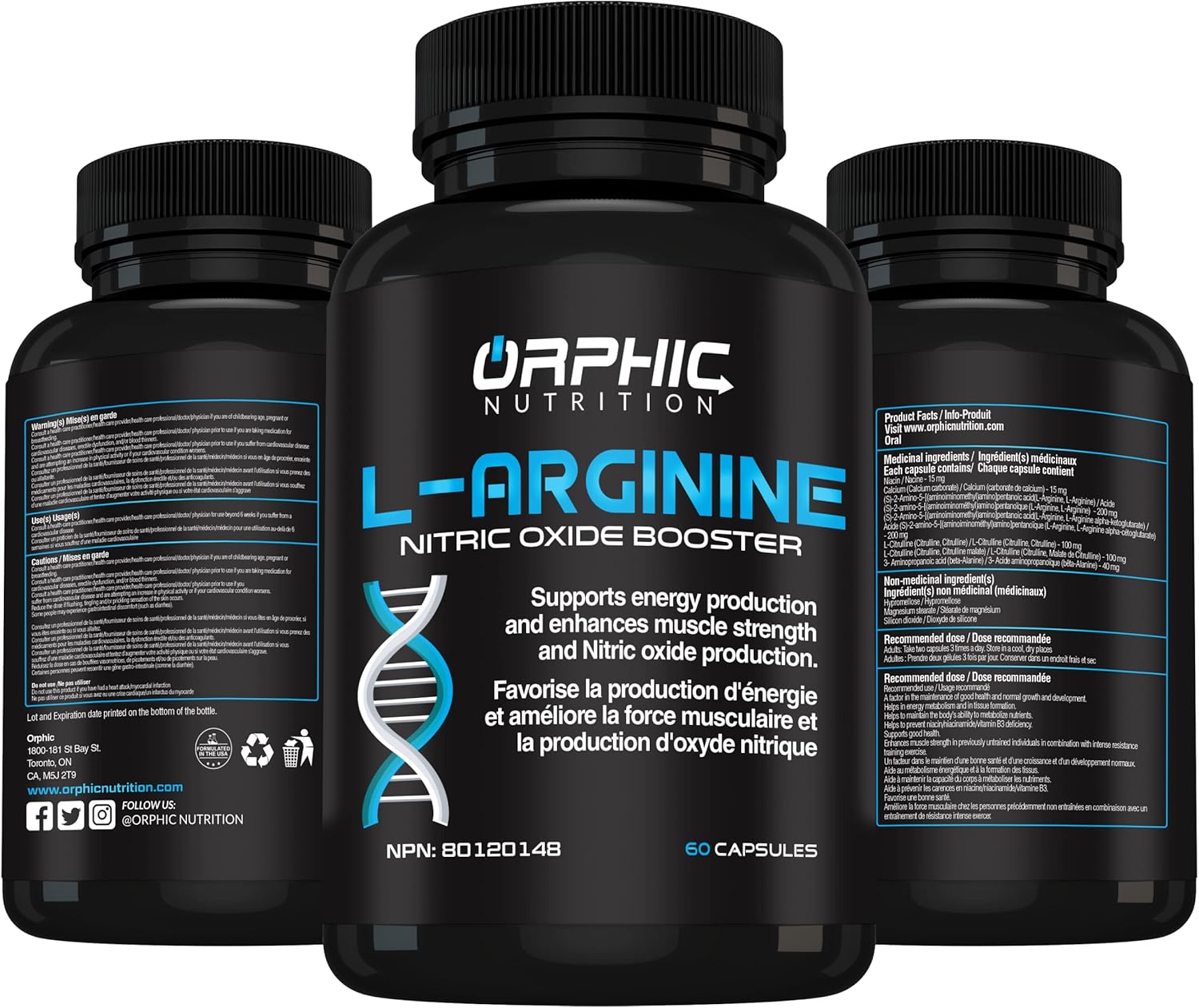 ORPHIC NUTRITION L Arginine Supplement for Men 1000mg+ - 60 capsules - L Citrulline and Nitric Oxide Supplement to Support Muscle Health, Exercise Endurance, Vascularity, Heart Health, Energy Levels* : Health & Household