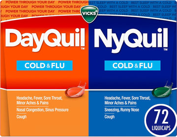 Vicks Dayquil & Nyquil Co-Pack, Cold & Flu Medicine, Powerful Multi-Symptom Daytime & Nighttime Relief For Headache, Fever, Sore Throat, Minor Aches & Pains, & Cough, 72Ct