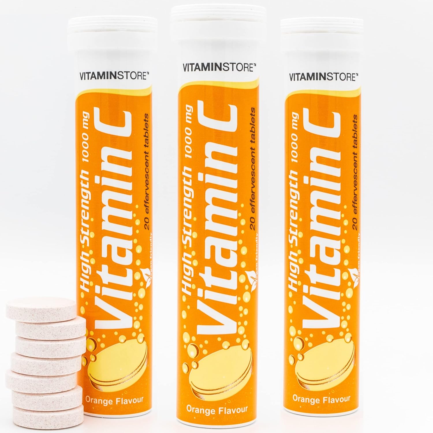 Vitamin Store 60 High Strength Vitamin C (1000Mg) Effervescent Tablets - 3 Packs Of 20 Vitamin C Dissolvable Tablets - One-A-Day - Soluble Orange Flavoured Vitamin C Fizzy Tablets To Support Immunity