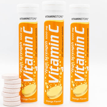 Vitamin Store 60 High Strength Vitamin C (1000Mg) Effervescent Tablets - 3 Packs Of 20 Vitamin C Dissolvable Tablets - One-A-Day - Soluble Orange Flavoured Vitamin C Fizzy Tablets To Support Immunity