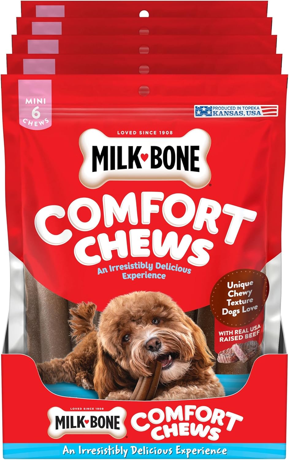 Milk-Bone Mini Comfort Chews, Rawhide Free Dog Treats With Unique Chewy Texture And Real Beef, 6 Mini Chews (Pack Of 5)