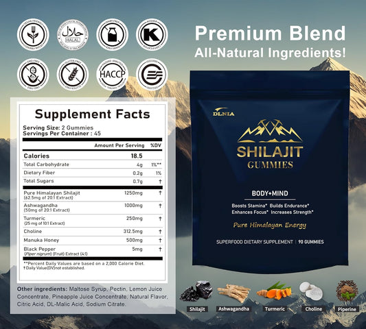 Shilajit Gummies With Ashwagandha, Turmeric - Organic, Zero Sugar & Vegan-Friendly Himalayan Shilajit For Men & Women - Energy, Calm, Cortisol, Sleep, Immune Support & Overall Health