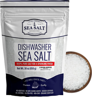 Dishwasher Salt - All-Natural Water Softener Salt for a Clean Finish - Compatible with Bosch, Miele, Thermador, Whirlpool Dishwashers and More - Food-Grade Coarse Sea Salt (30 oz Bag) - Sea Salt
