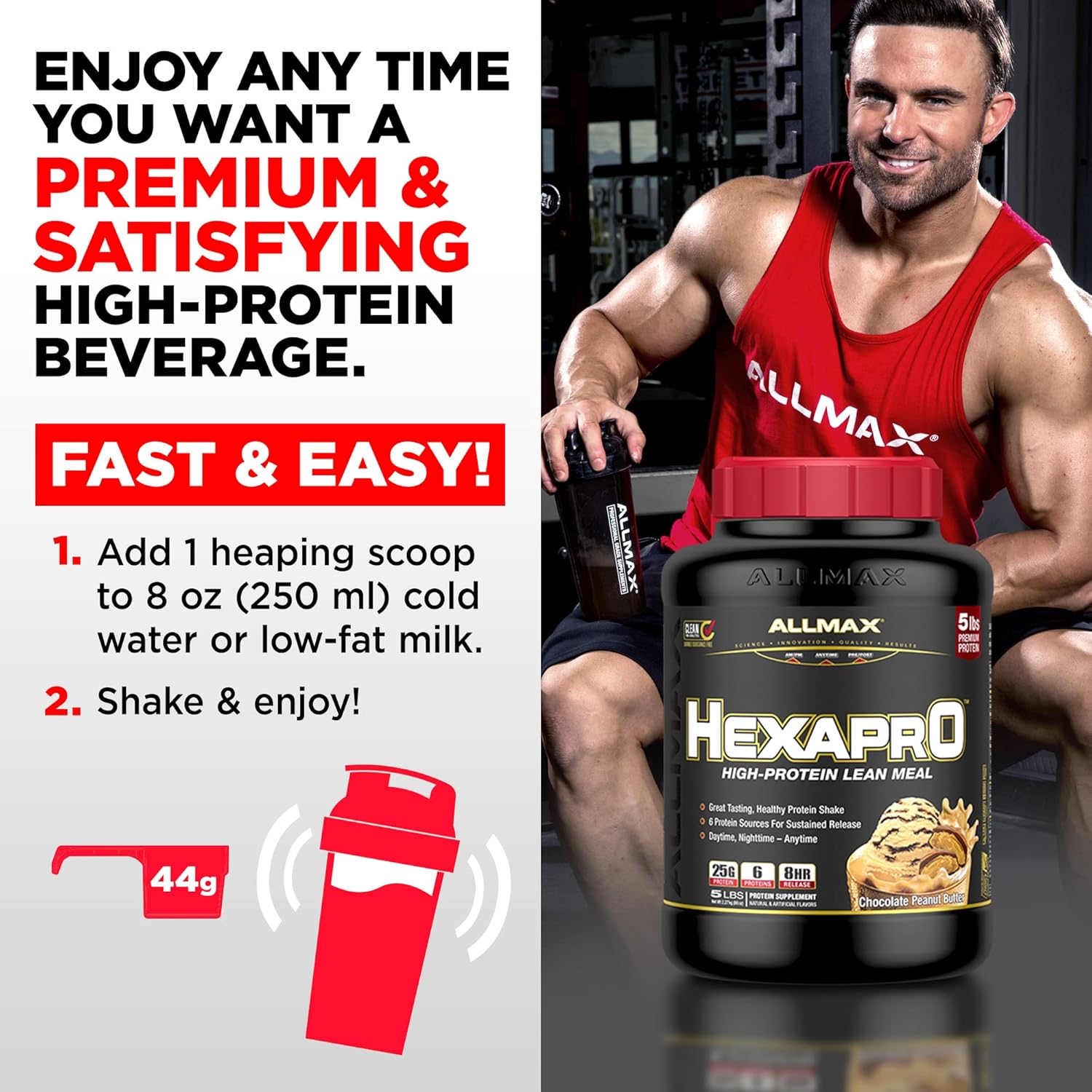 ALLMAX HEXAPRO, Chocolate Peanut Butter - 5 lb - 25 Grams of Protein Per Serving - 8-Hour Sustained Release - Zero Sugar - 52 Servings : Health & Household