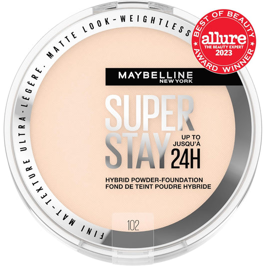 Maybelline Super Stay Up To 24Hr Hybrid Powder-Foundation, Medium-To-Full Coverage Makeup, Matte Finish, 102, 1 Count