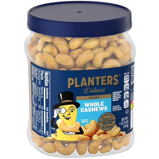 Planters Whole Cashews, Sea Salt, Resealable Jar, Party Snacks, Plant-Based Protein, Quick Snack For Adults, After School Snack, Salted Cashew, Kosher, Bulk Nuts, 26Oz Canister