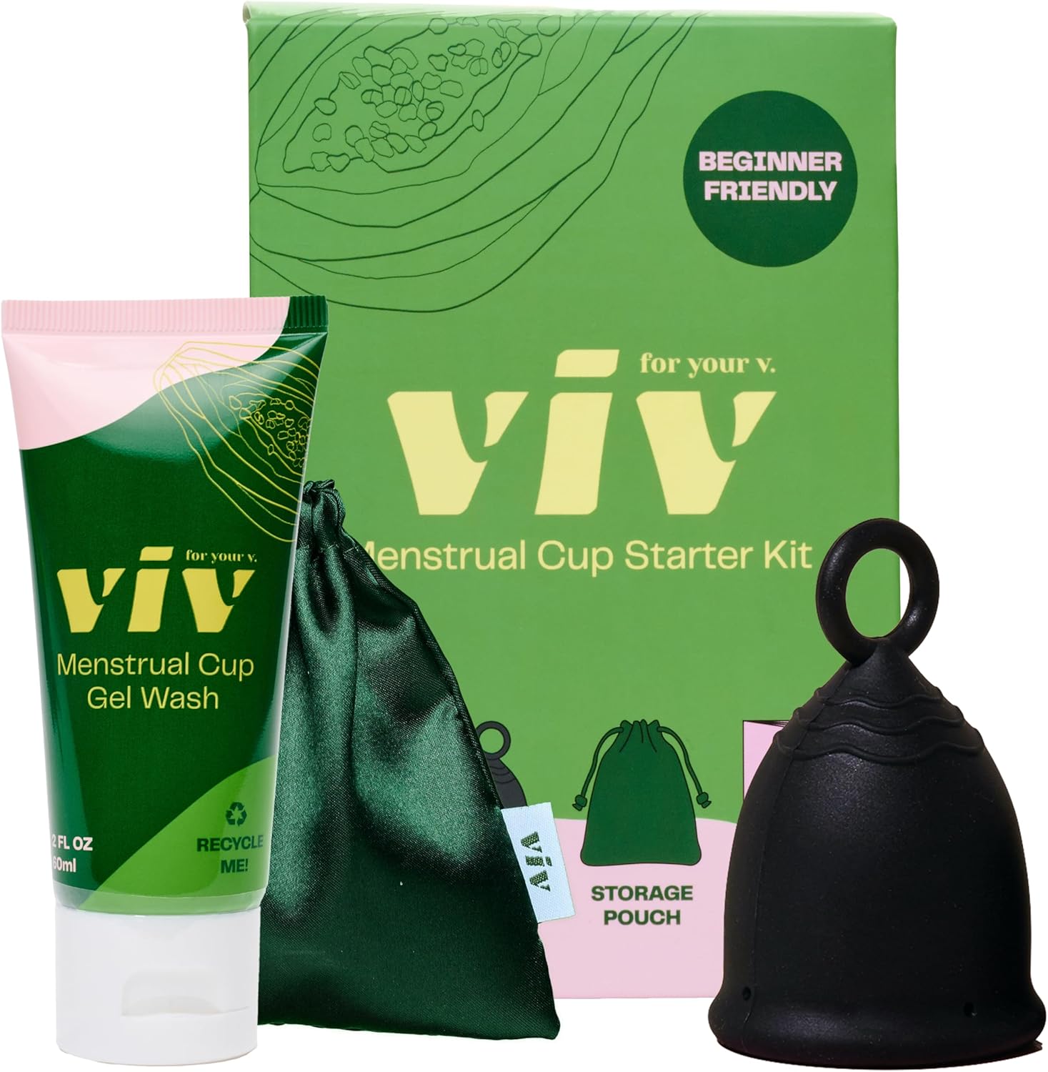 Viv For Your V Menstrual Cup Starter Kit | 1 Small Menstrual Cup, 1 Gel Cup Wash, 1 Travel Pouch, & 1 Starter Guide | Beginner Friendly | Medical Grade Silicone Period Cup with Ring for Easy Removal