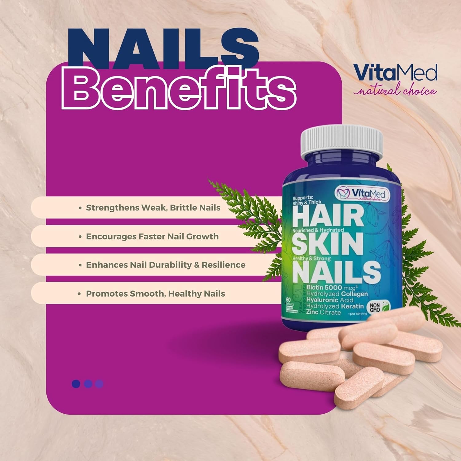 Vitamed Hair, Skin & Nails – Biotin 5000 Mcg, Collagen, Optimsm, Keratin, Hyaluronic Acid & Silica | Supports Hair Growth, Radiant Skin, Strong Nails | Halal, Non-Gmo, Gluten-Free – 180 Beauty Tablets : Health & Household