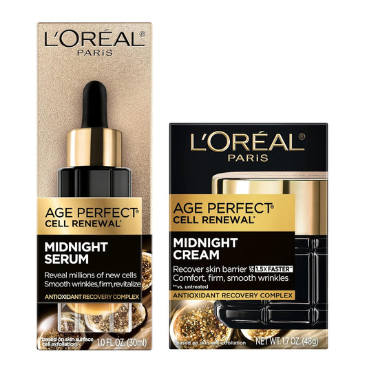 L'Oreal Paris Age Perfect Anti-Aging Midnight Face Serum 1 Oz + Midnight Cream 1.7 Oz, Smooths Wrinkles & Firms Skin + Eye Cream & Serum Sample