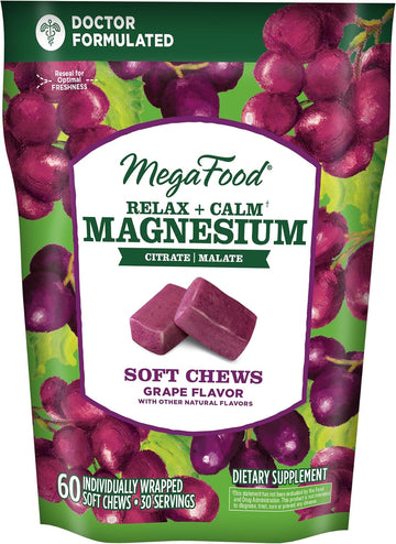 Megafood Relax + Calm Magnesium Supplement - Soft Chews With Magnesium Citrate & Magnesium Malate For Heart Health, Muscle Tension & More - Vegetarian - Grape-Flavor - 60 Chews Per Pack (30 Servings)