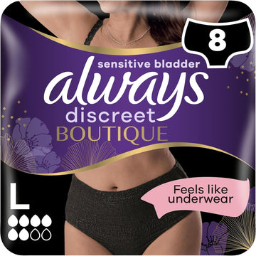 Always Discreet Boutique Incontinence Pants Women, Large, UK Dress Size 16-22, Black, Absorbency 6, 8 Underwear / Knickers, Heavy Bladder Leak Protection / Maternity Postpartum, Odour Neutraliser