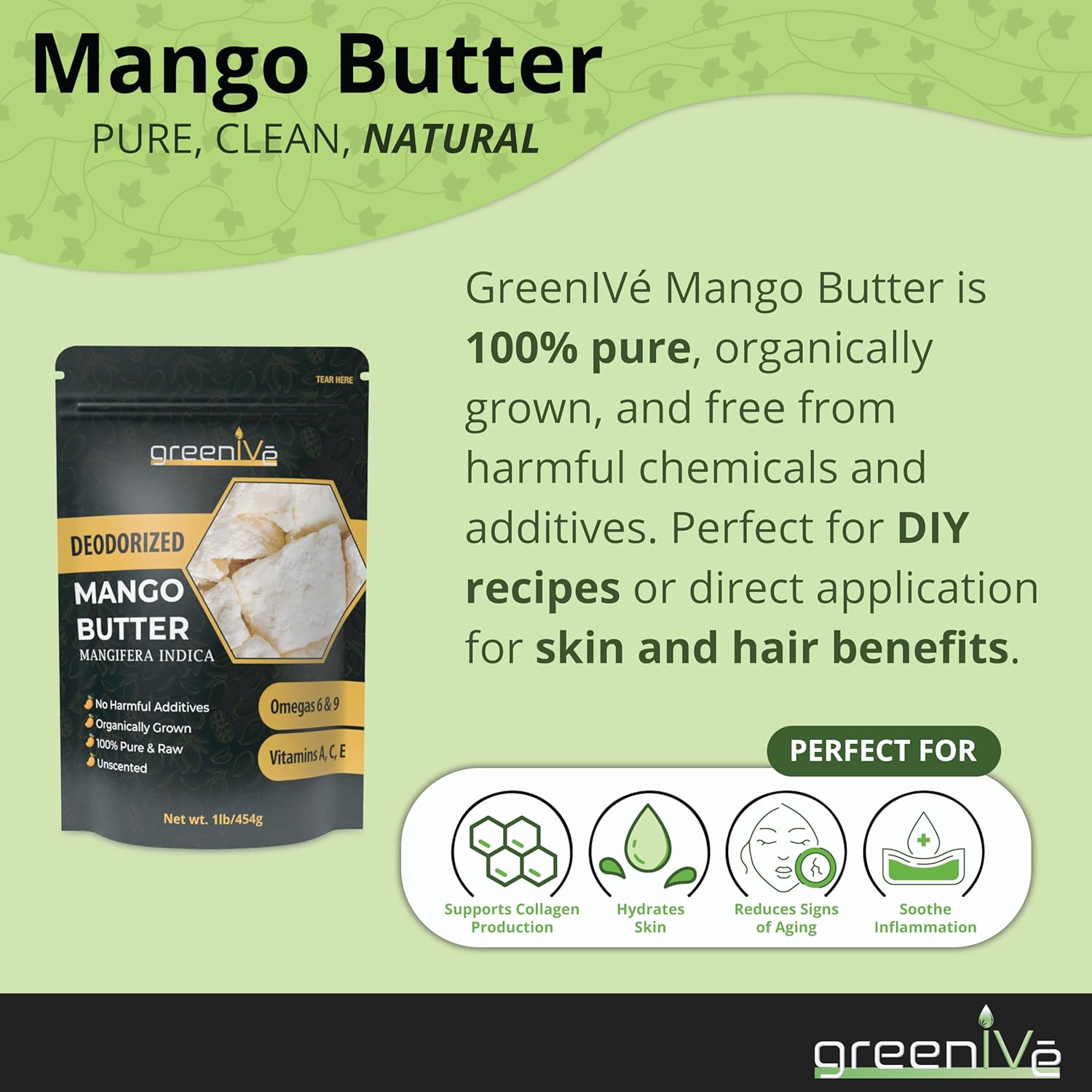 Greenive Deodorized Mango Butter 100% Pure Raw Creamy All Natural Skin Moisturizer (16 Ounce Jar) : Beauty & Personal Care