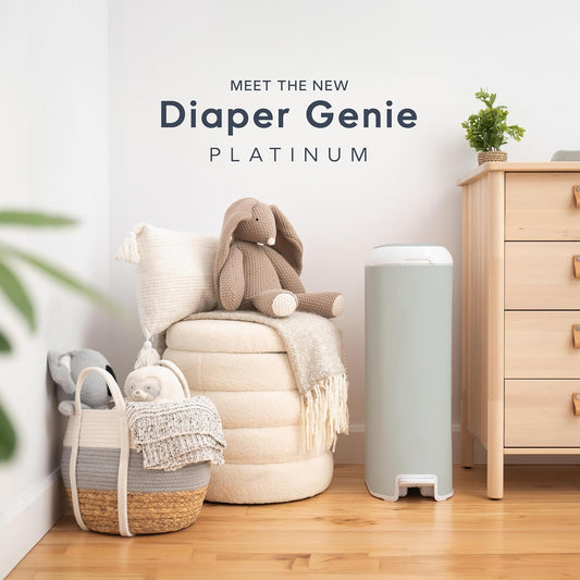 Diaper Genie Platinum Pail (Sage Green) Is Made In Durable Stainless Steel And Includes 1 Easy Roll Refill With 18 Bags That Can Last Up To 5 Months