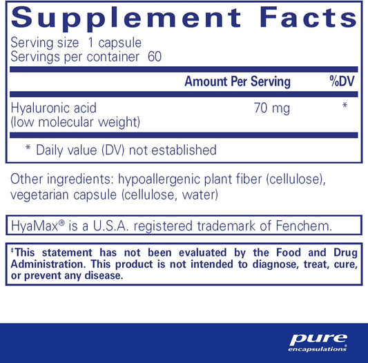 Pure Encapsulations Hyaluronic Acid - For Skin Hydration, Joint Lubrication & Joint Health* - Effective Absorption - Gluten Free - Vegan & Non-Gmo - 60 Capsules