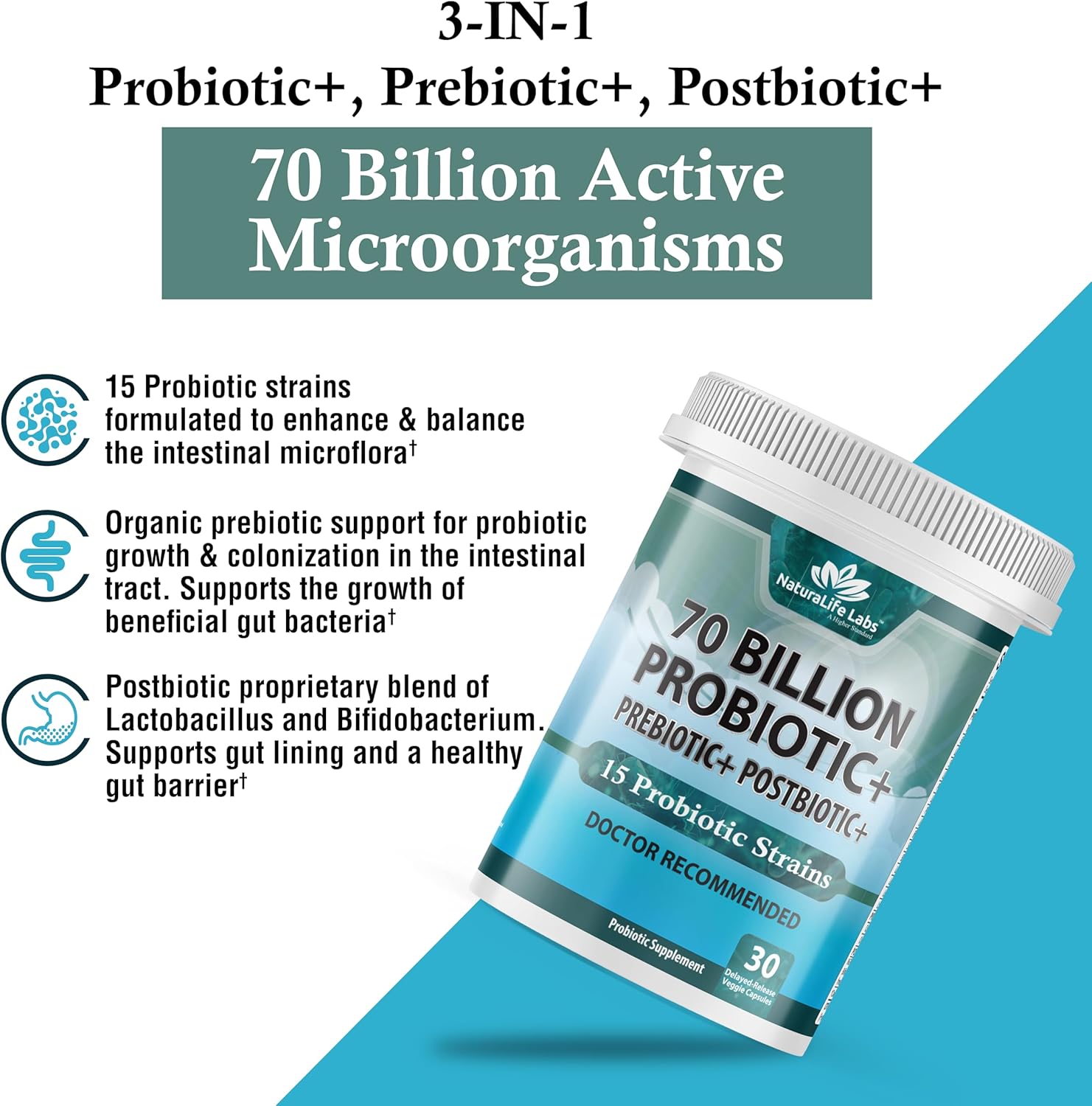 Probiotics 70 Billion CFU – 15 Probiotic strains + Organic Prebiotic+ Postbiotic 3-in-1 Complete – Promotes Healthy Digestive & Immune Function –Gas, Bloating, Constipation Support – for Men & Women : Health & Household