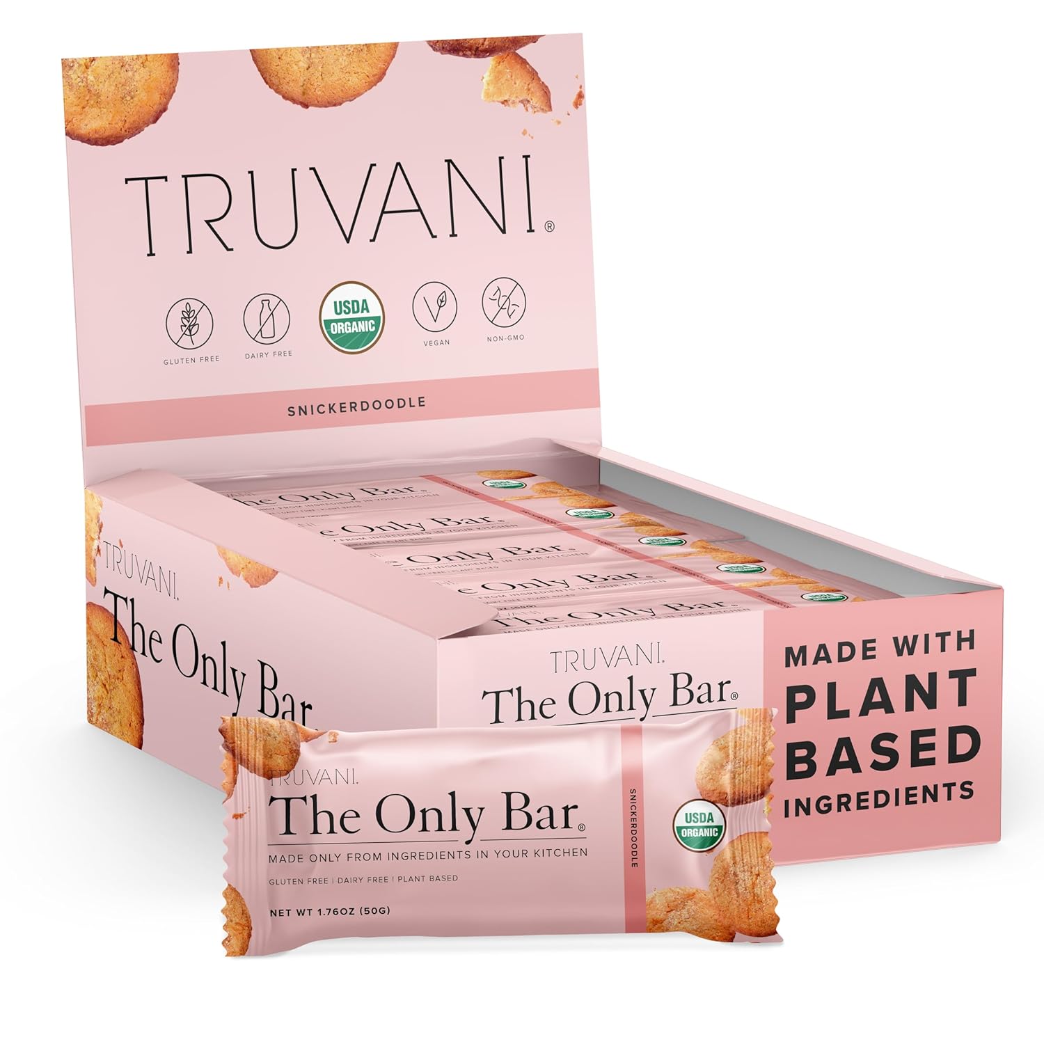 Truvani Plant Based Snack Bars | 5G Protein | 12 Pack Snickerdoodle | Organic | Vegan | The Only Bar | Dairy, Soy, And Gluten Free | Individually Wrapped