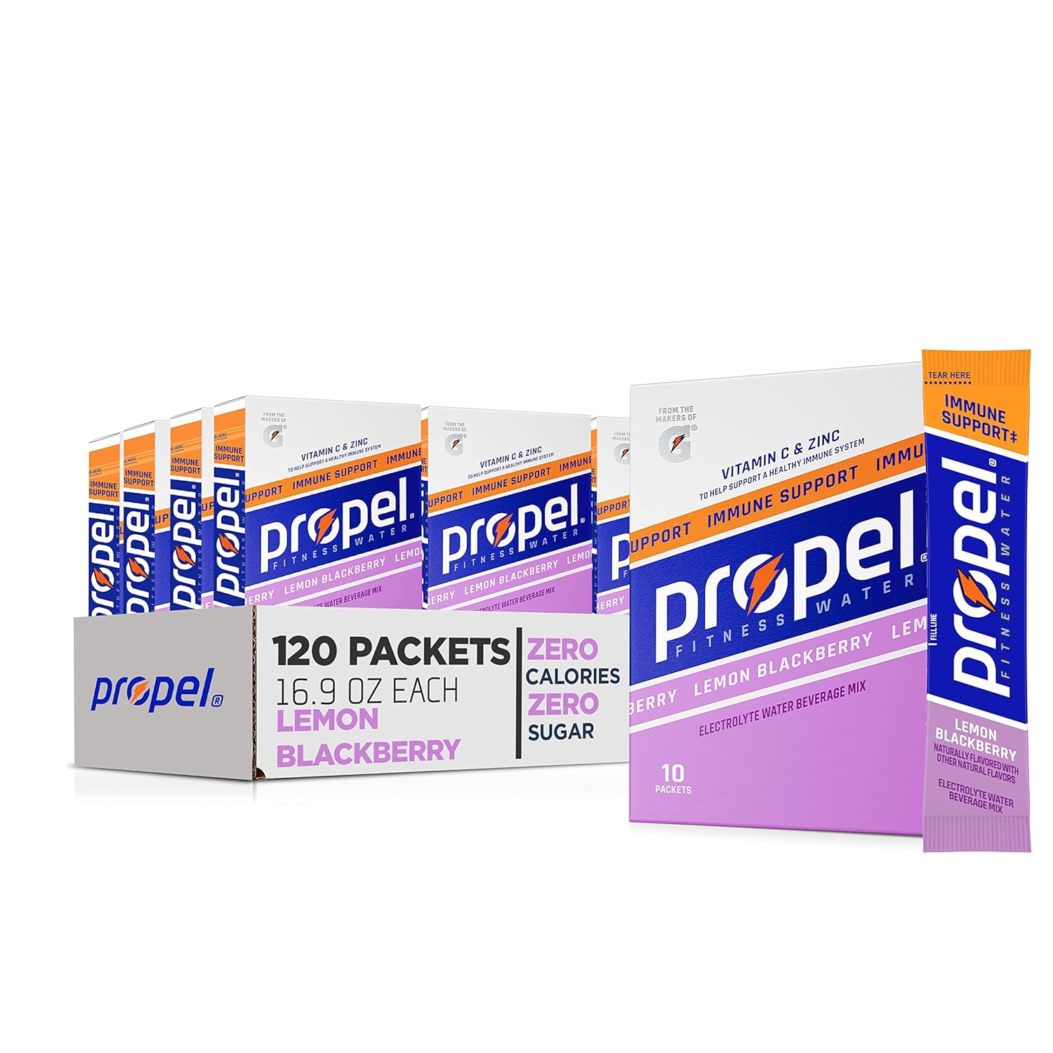 Propel Immune Support With Vitamin C + Zinc Powder Packets, Lemon Blackberry, 10 Count (Pack Of 12)