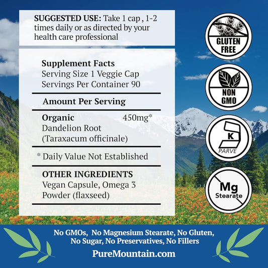 Pure Mountain Botanicals Dandelion Root Capsules - 90 Kosher Vegan Caps With 450Mg Organic Dandelion Root Powder, Supports Detox & Digestion, Vegetarian, Gluten-Free, No Fillers Or Additives
