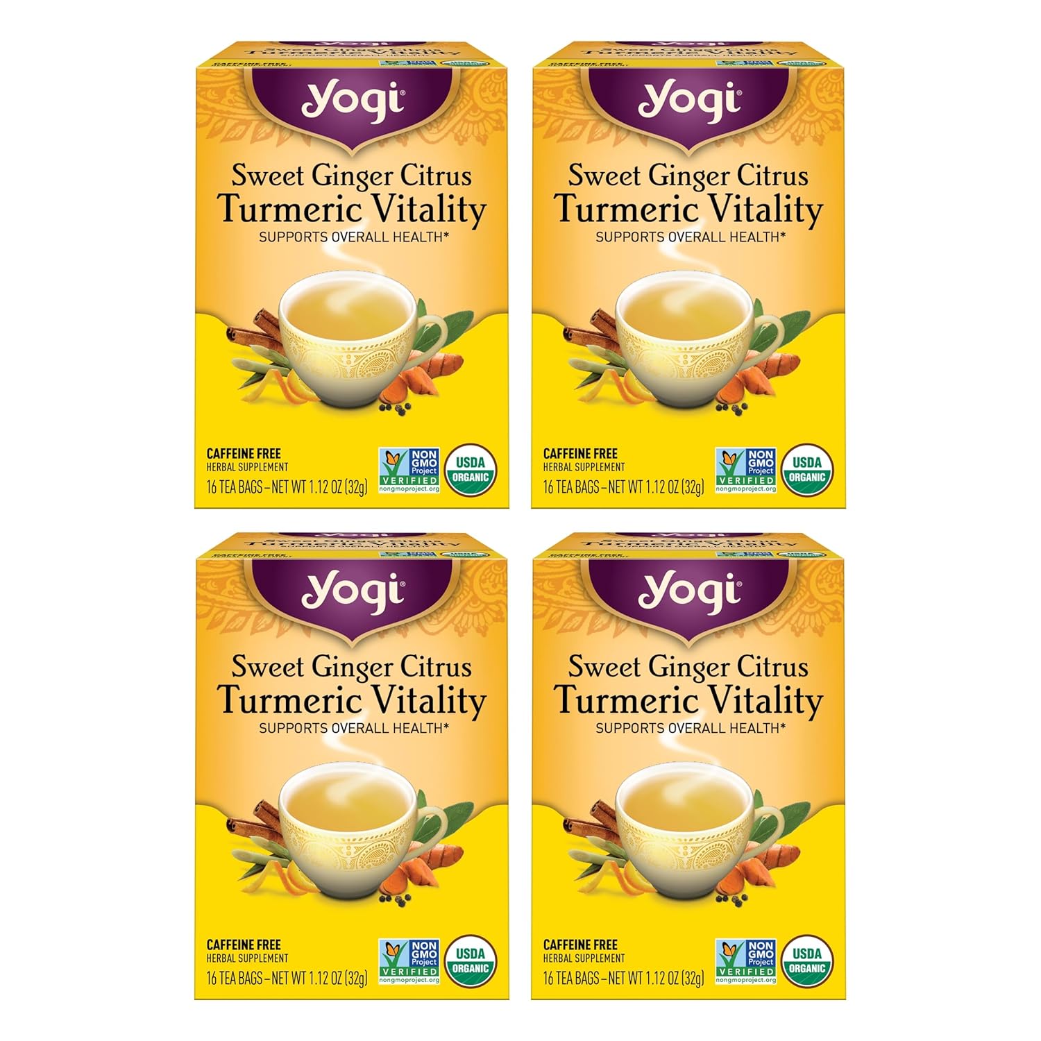 Yogi Tea Sweet Ginger Citrus Turmeric Vitality Tea - 16 Tea Bags Per Pack (4 Packs) - Organic Ginger Turmeric Tea - Supports Well-Being - Includes Turmeric Root, Ginger Root, Cinnamon Bark & More