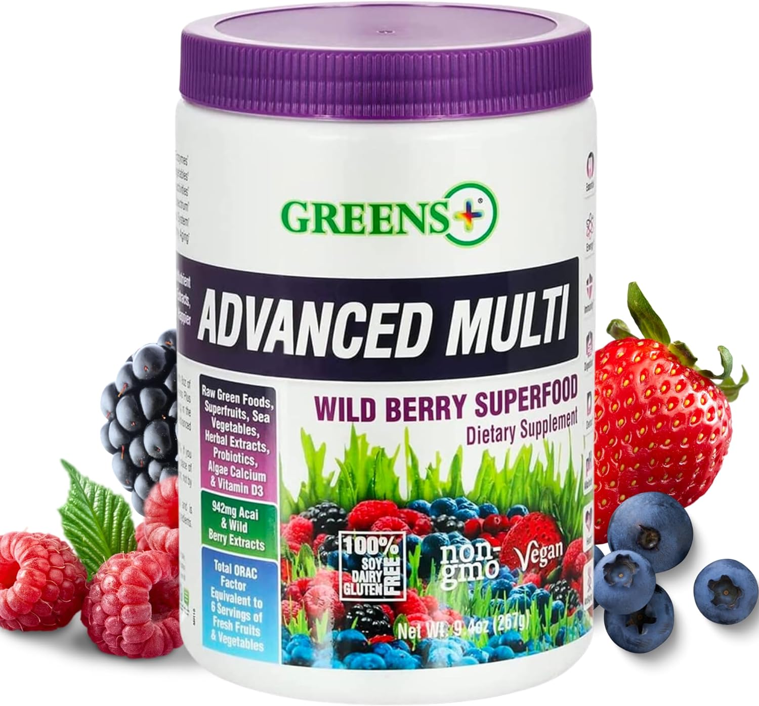 Greens+ Advanced Multi Wild Berry Superfood Powder, Organic Healthy Blend for Morning Vitality, Nutrition, Vibrant Health, Dietary Supplement, Vitamins & Minerals, Vegan, Soy/Dairy/Gluten Free(9.4oz)