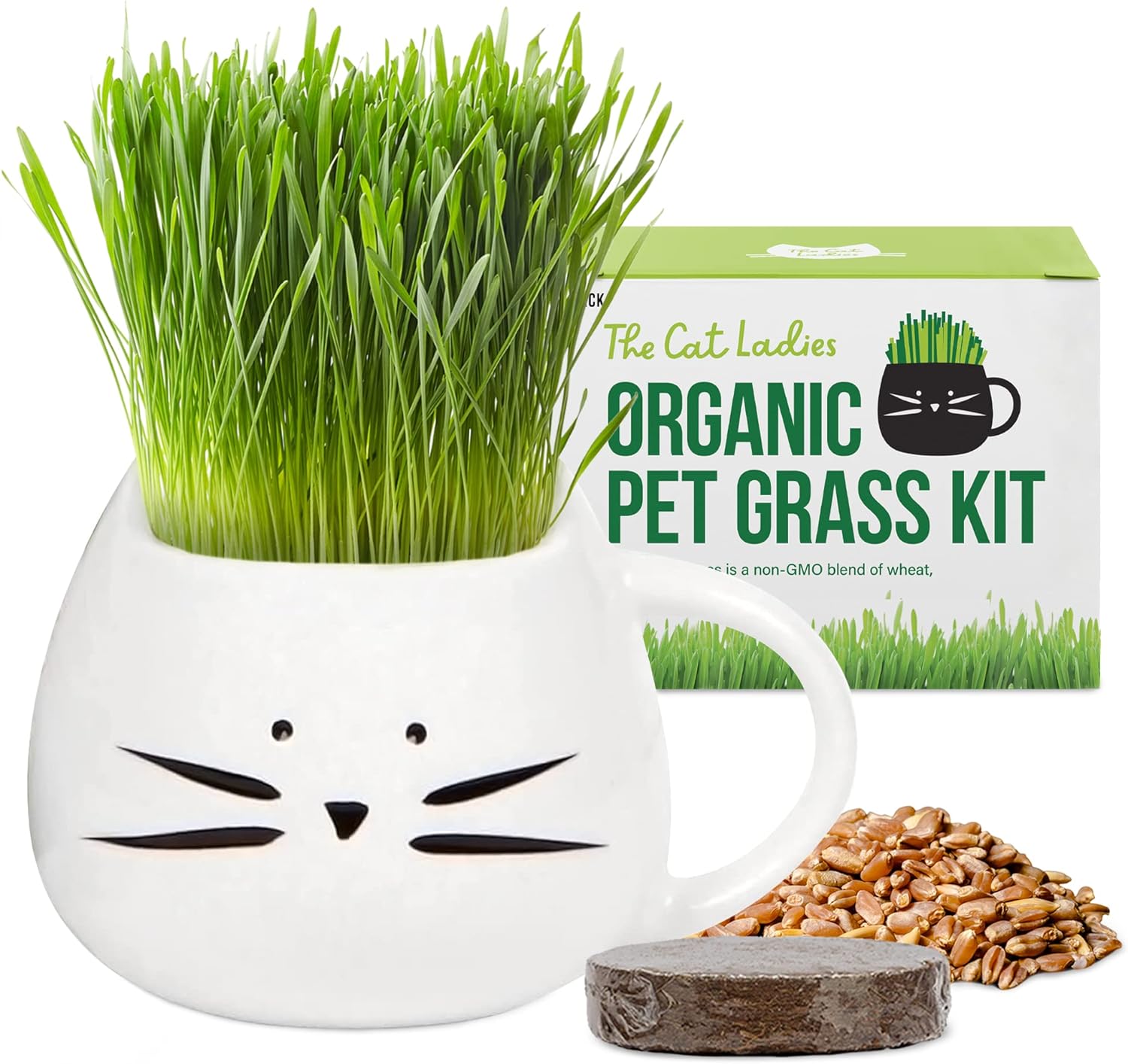 The Cat Ladies Organic Cat Grass For Indoor Cats - Growing Kit With Organic Seed Mix, Soil And White Cat Planter. Natural Hairball Control And Digestion Remedy, Cat Gifts
