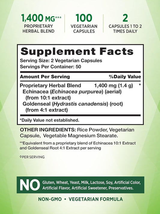 Echinacea Goldenseal Capsules | 1400Mg | 100 Count | Vegetarian, Non-Gmo & Gluten Free Supplement | Herbal Support Complex | By Nature'S Truth