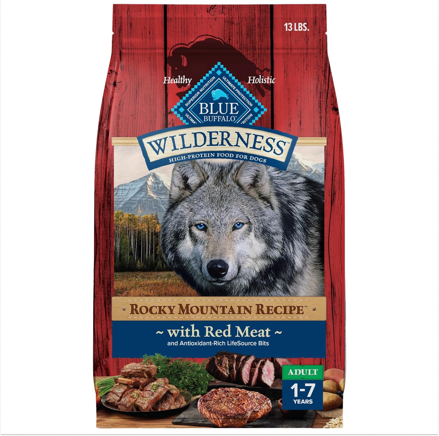 Blue Buffalo Wilderness High-Protein Rocky Mountain Recipe Dry Food For Adult Dogs, Red Meat & Grains, 13-Lb. Bag