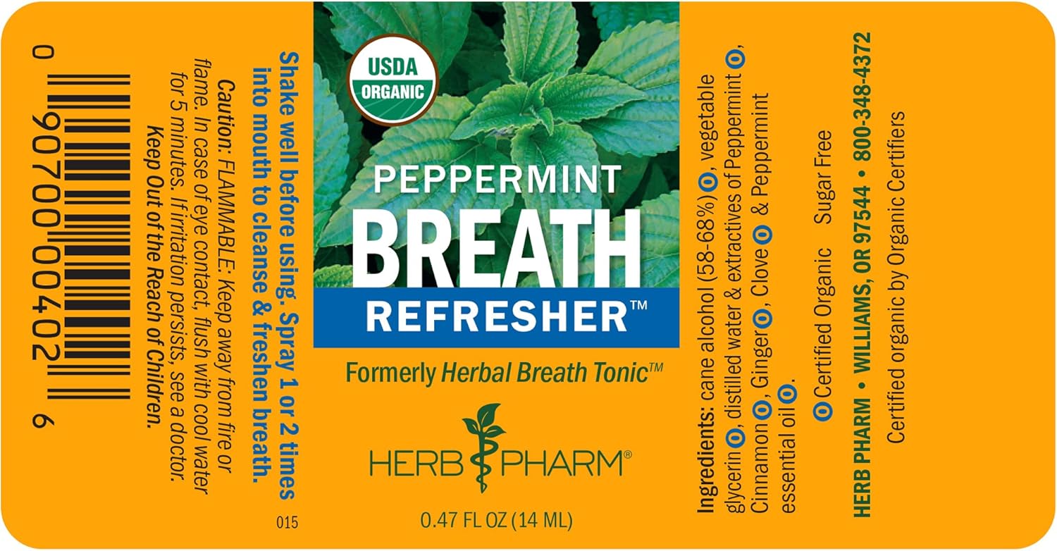 Herb Pharm Breath Refresher Certified Organic Herbal Fresh Breath Spray, Peppermint : Health & Household