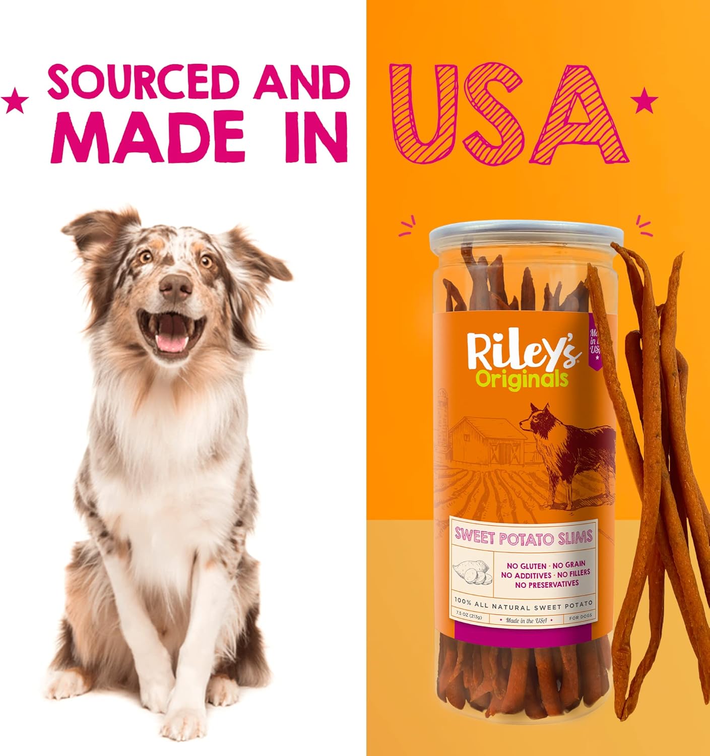 Riley's Slims Dried Sweet Potato Dog Treats - Dehydrated Chews for Dogs - Single Ingredient USA Sourced Made in The USA - 7.5 oz : Pet Supplies