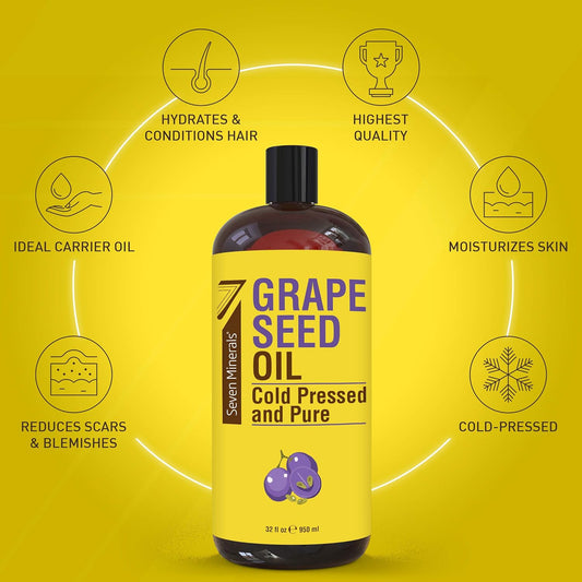 Pure Cold Pressed Grapeseed Oil - Big 32 Fl Oz Bottle - Non-Gmo, Hexane Free, Natural & Lightweight Grape Seed Oil For All Skin Types And Hair - Perfect Carrier Oil For Massage Therapy & Aromatherapy