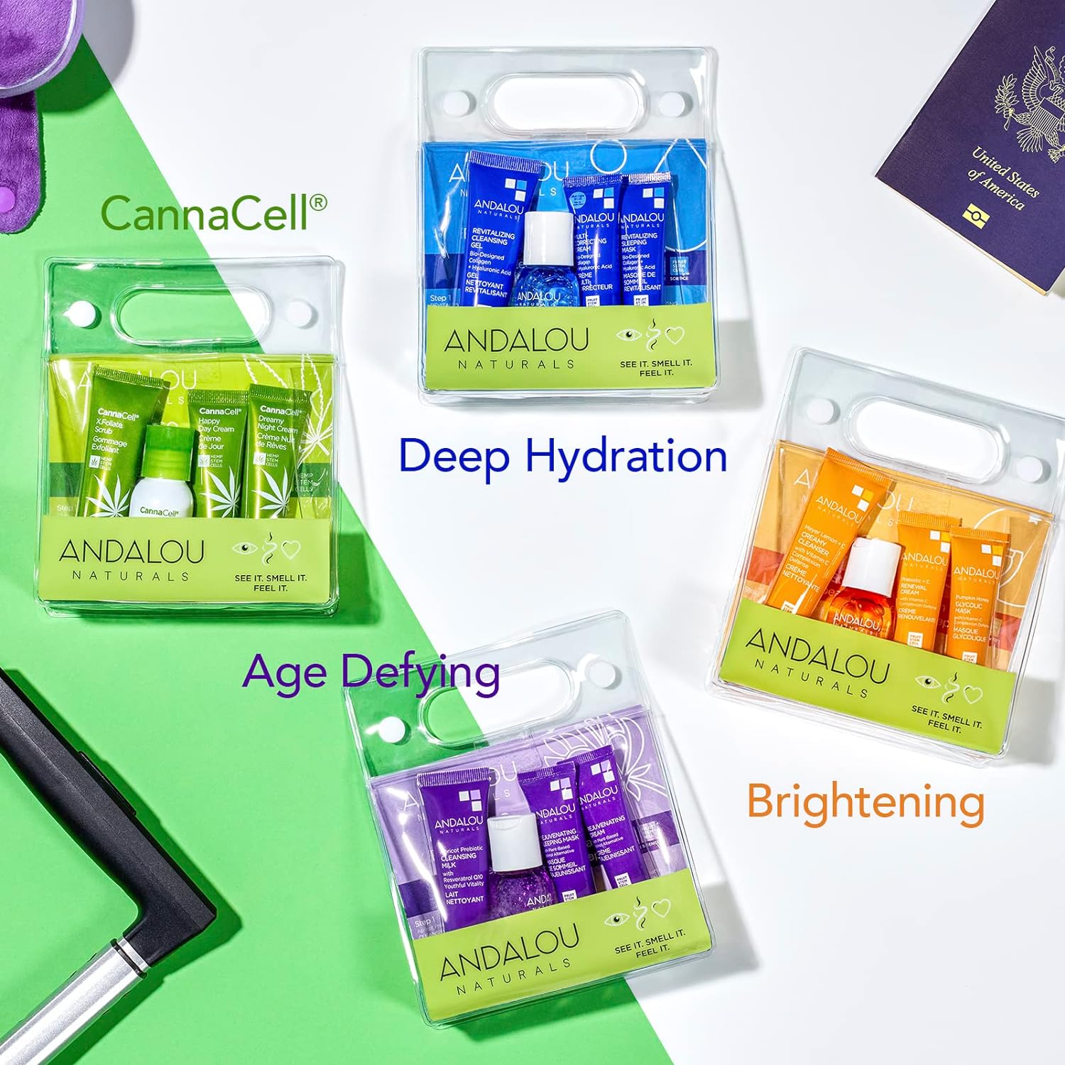 Andalou Naturals, On The Go Essentials - The BRIGHTENING Routine, Travel Friendly, TSA- Approved, Reusable Bag (4 Pcs) : Beauty & Personal Care