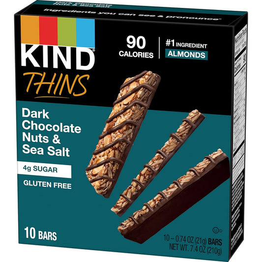 Kind Thins Dark Chocolate Nuts & Sea Salt Bars (Now With Peanuts), Gluten Free, 4G Sugar, 0.74 Oz Bars, 10 Count