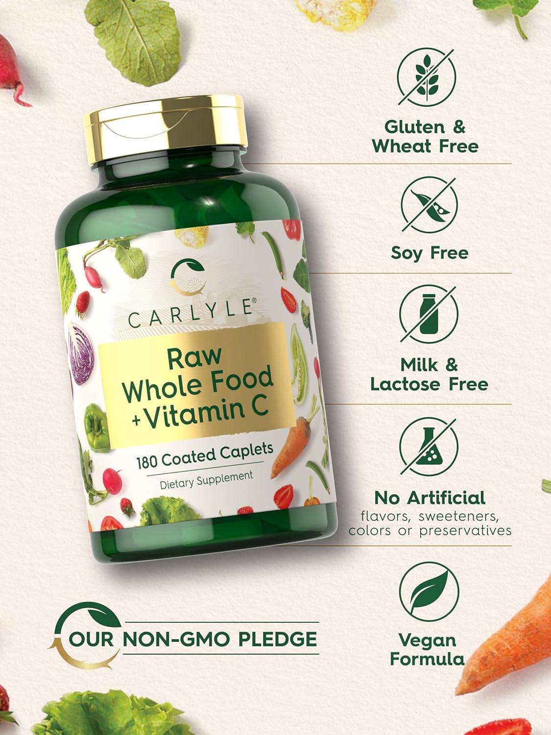 Carlyle Raw Whole Foods VIT C | 180 Coated Caplets | Dietary Supplement | Vegan, Non-GMO & Gluten Free : Health & Household