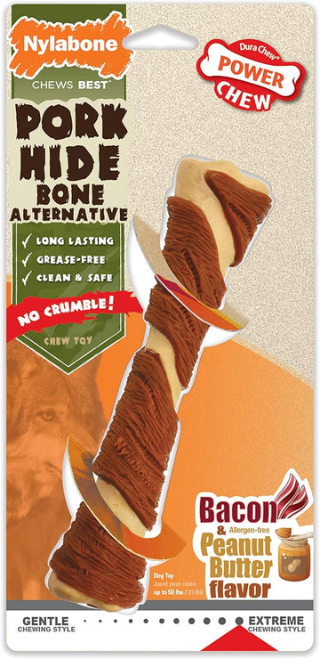 Nylabone Power Chew Pork Hide Bone Alternative Nylon Chew Toy For Dogs, Dog Toys For Aggressive Chewers, Bacon & Peanut Butter Flavor, Large/Giant (1 Count)