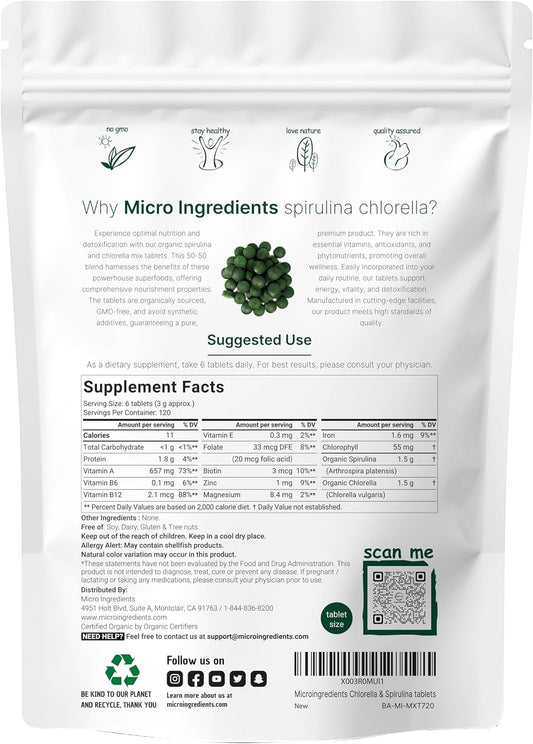 Organic Chlorella Spirulina Tablets, 3000Mg Per Serving, 720 Counts, 4 Months Supply, 50/50 Blend Superfood, No Filler, No Additives, Cracked Cell Wall, Rich In Vegan Protein & Chlorophyll