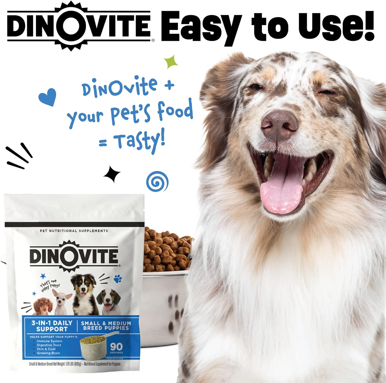 Dinovite Puppy Probiotic – Support Digestive & Gut Health, Promotes Growing Healthy Skin & Coat with Essential Omega 3 Fatty Acids for Puppies, 90-Day Supply : Pet Supplies