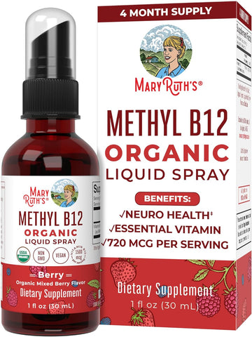 Vitamin B12 Spray | USDA Organic Vitamin B12 Liquid Supplement for Nerve Function, Energy Support | Vegan | Non-GMO | Gluten Free | 1 Fl Oz