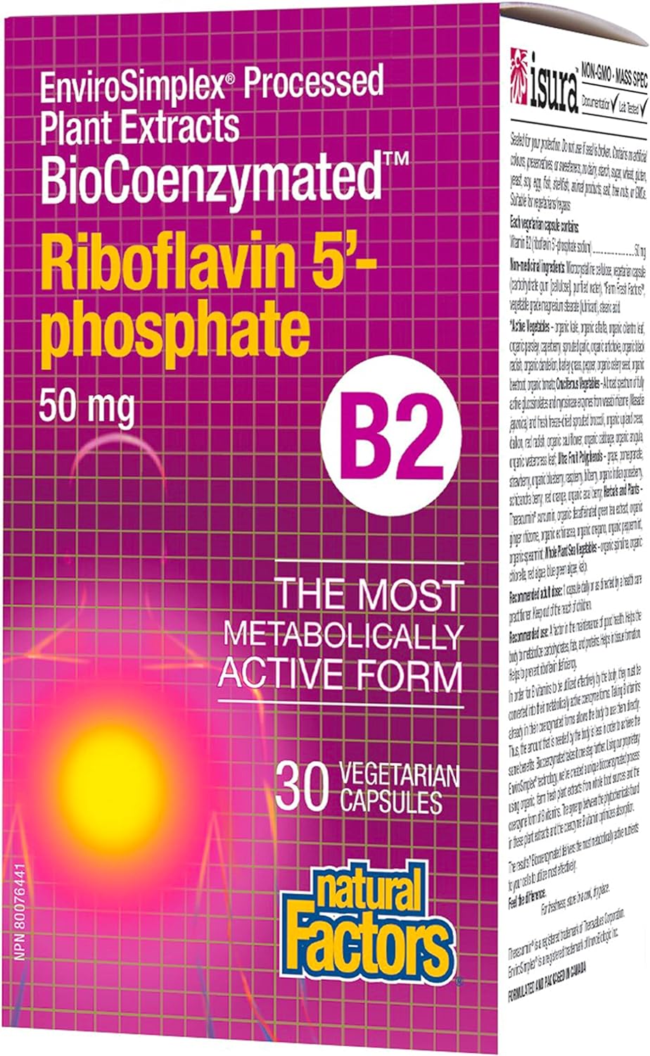 Biocoenzymated, B2, Riboflavin 5'-Phosphate, 50 Mg, 30 Vegetarian Capsules, Natural Factors