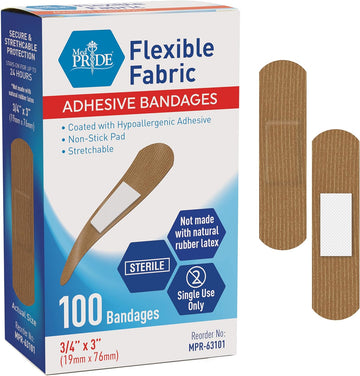 Med Pride Hypoallergenic Fabric Adhesive Bandages For Sensitive Skin, Latex & Rubber Free, Nonstick Pad, Sterile, Individually Wrapped (3/4'' X 3'' - 100 Count)