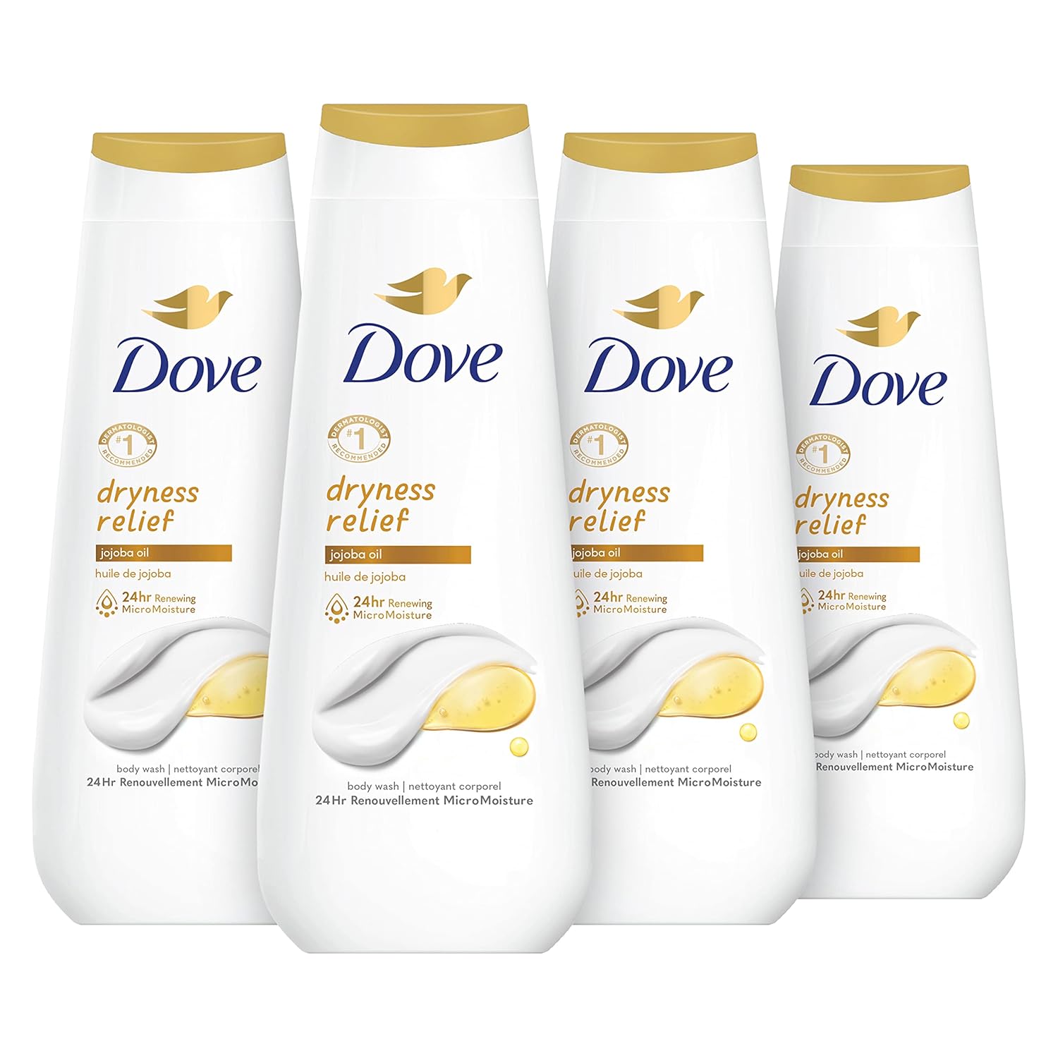 Dove Body Wash Dryness Relief Jojoba Oil 4 Count For Renewed, Healthy-Looking Skin Gentle Skin Cleanser With 24Hr Renewing Micromoisture 20 Oz