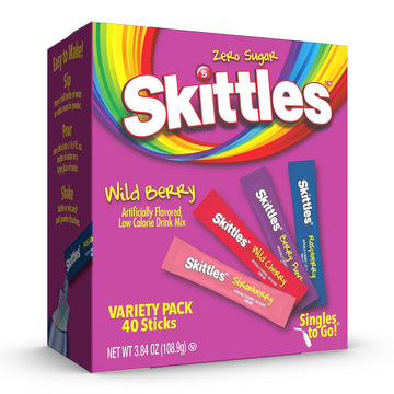 Skittles Singles To Go Wild Berry Variety Pack, Watertok Powdered Drink Mix, Zero Sugar, Low Calorie, Includes 4 Wild Berry Flavors, 1 Box (40 Single Servings)