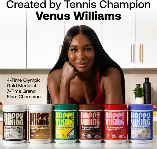 Happy Viking Cookies And Cream Plant Protein Powder, Created By Venus Williams, 20G Protein, Low Carb, Keto, Vegan, Gluten-Free, Non-Gmo, Superfoods, Complete Meal Replacement, 1 Canister