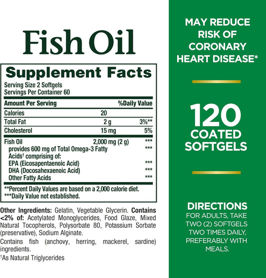 Nature'S Bounty Fish Oil, Supports Heart Health, Dietary Supplement, 300Mg Omega-3, 120 Coated Softgels