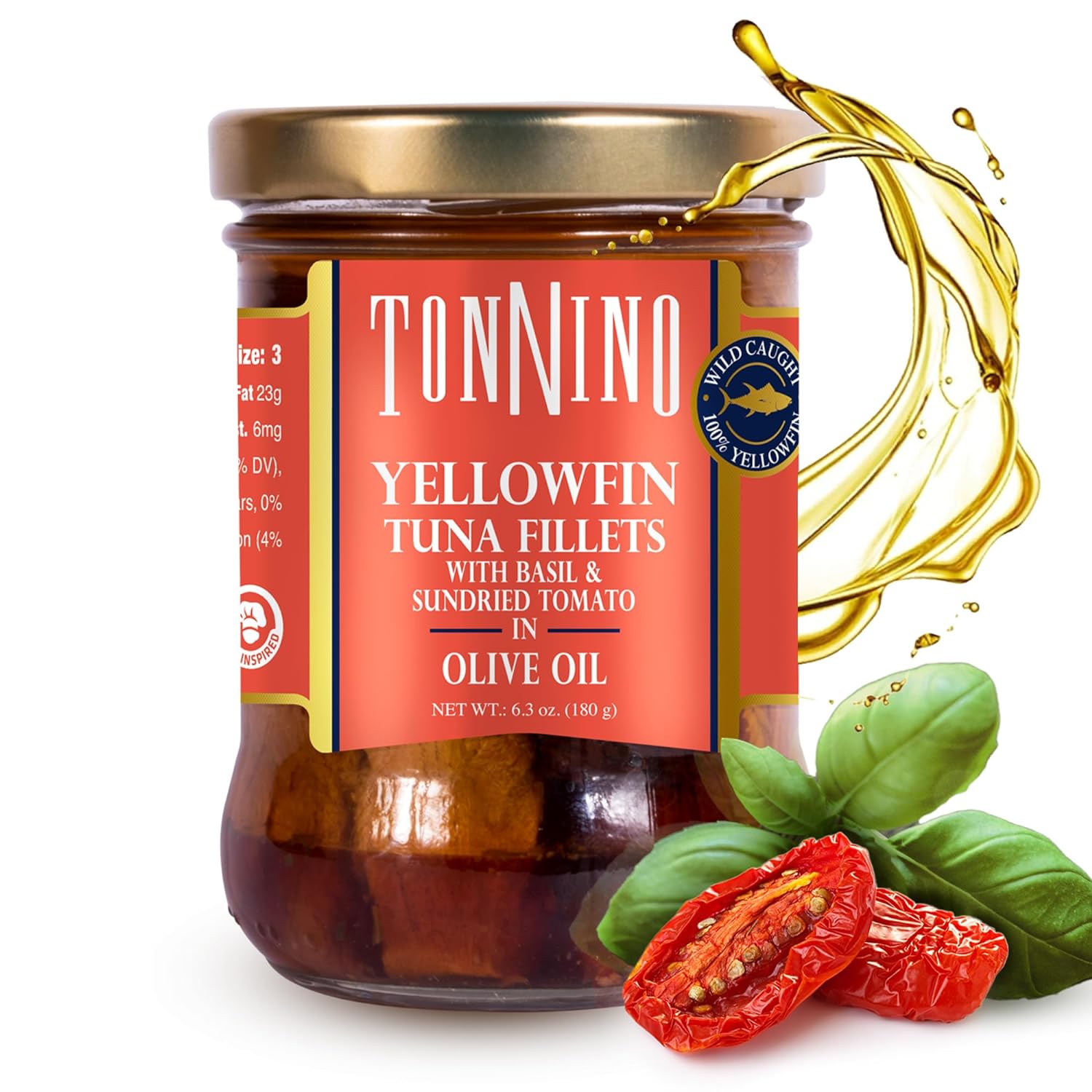 Tonnino Yellowfin Tuna in Olive Oil with Tomato & Basil 6.3 oz - Gourmet 6-Pack: Omega-3, High Protein, Gluten-Free, Ready-to-Eat Tuna Packets for Tuna Salad, Tuna Fish Alternative to Salmon