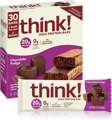 Think! Protein Bars, High Protein Snacks, Gluten Free, Sugar Free Energy Bar With Whey Protein Isolate, Chocolate Fudge, Nutrition Bars Without Artificial Sweeteners, 2.1 Oz (30 Count)