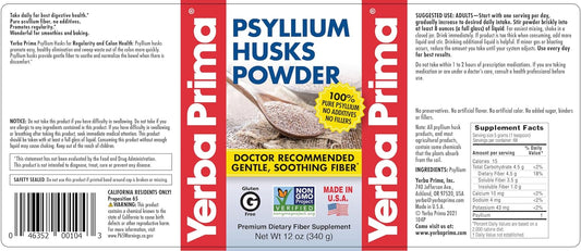 Yerba Prima Psyllium Husks Powder 12 oz - Natural Fiber Supplement - Colon Cleanser - Gut Health - Vegan, Non-GMO, Gluten-Free (New Label - Packaging May Vary)