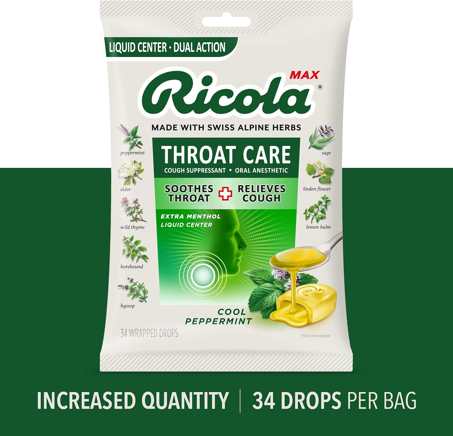 Ricola Max Cool Peppermint Throat Care Large Bag | Cough Suppressant Drops | Dual Action Liq Center | Soothing Long-Lasting Relief - 34 Count (Pack of 1)